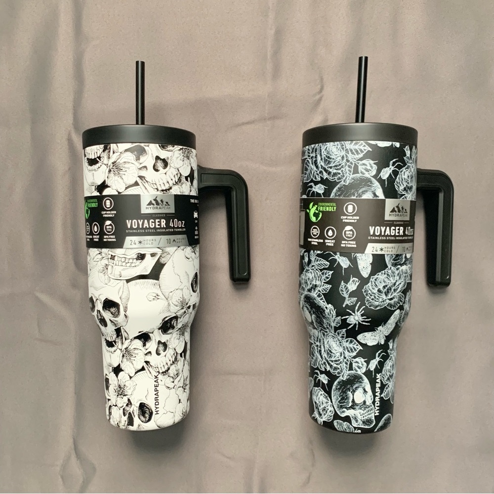 Set of 2 HydraPeak SKULLS FLOWER Voyager 40 oz Steel Insulated Tumblers